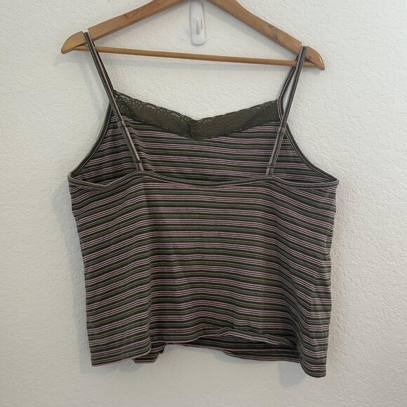 Venezia Tank Top Womens 18/20 Olive Green Pink Striped Lace Trim Cami Y2K Moody - Picture 3 of 7